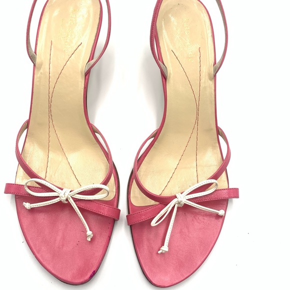 ❤️ Kate Spade ❤️Pink White Bow Strappy Sandals Wooden Kitten Heels Shoes 10B - Picture 5 of 8